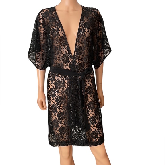 Vintage Natori Black Lace Tie-Front Robe Sheer Lingerie